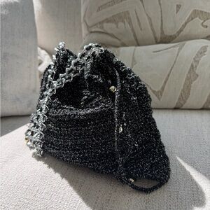 The Midnight Shimmer: Hand-Crocheted  Bag with High-Gloss Silver Hardware